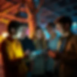 A group of young investors discuss financial options, with a focus on cryptocurrency on digital devices.