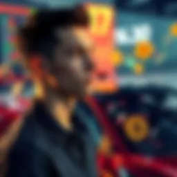 An 18-year-old man looks thoughtful while standing next to a supercar, with stock charts and meme coins in the background.