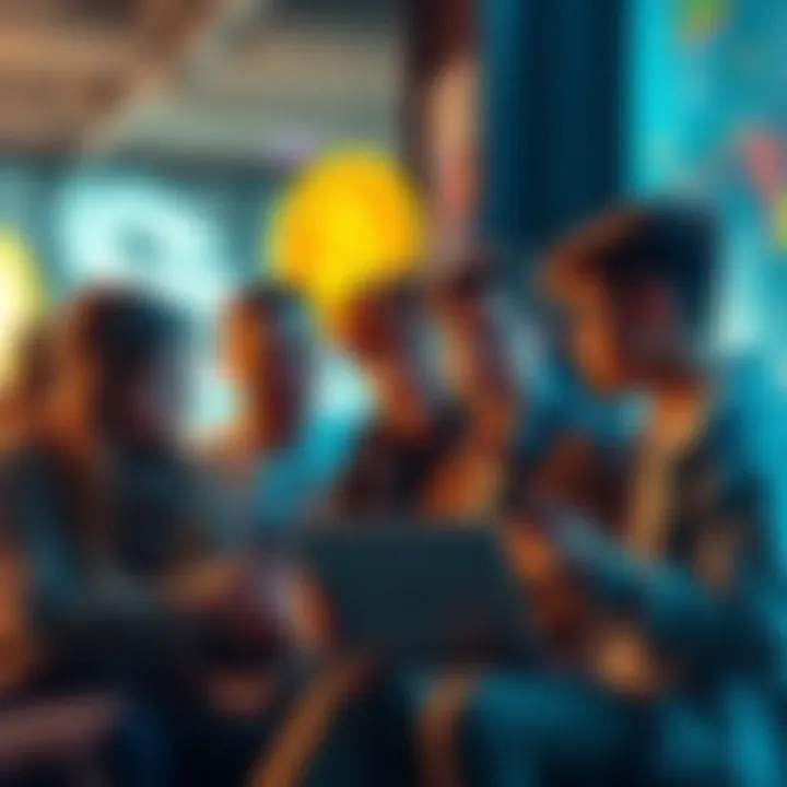 Group of young individuals passionately talking about Bitcoin, with laptops and phones in hand, conveying their thoughts on cryptocurrency